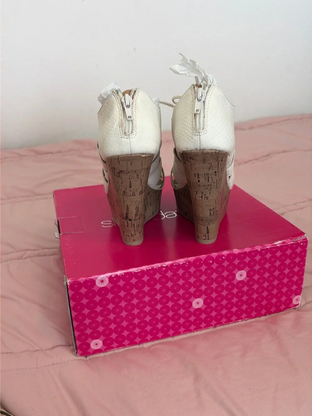 Shoe Dazzle White Lace-Up Cork Platform Wedges